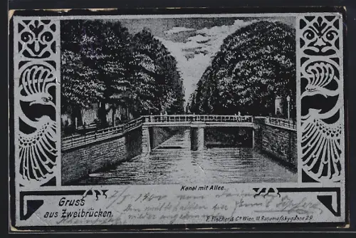 Metallfolie-AK Zweibrücken, Kanal mit Allee und Brücke, Pfauen-Ornament
