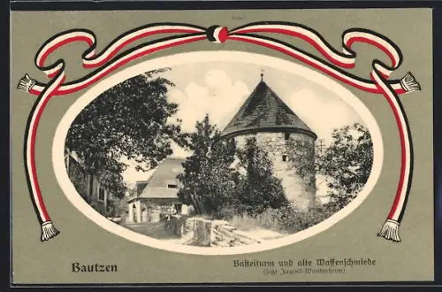 AK Bautzen, Basteiturm und alte Waffenschmiede / Jugend-Wanderheim, Nationalfarben-Ornament