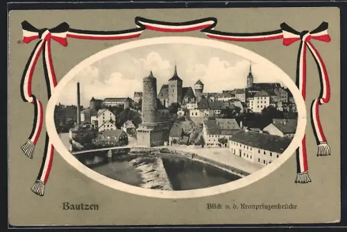 AK Bautzen, Blick von der Kronprinzenbrücke, Nationalfarben-Ornament