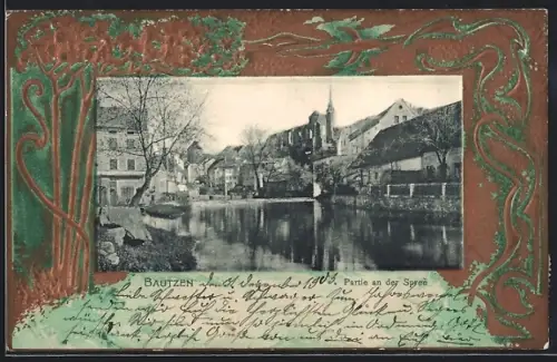 AK Bautzen, Partie an der Spree, Ornament-Rahmen