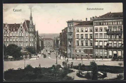 AK Cassel, Bahnhofstrasse mit Hotel du Nord und Anlagen