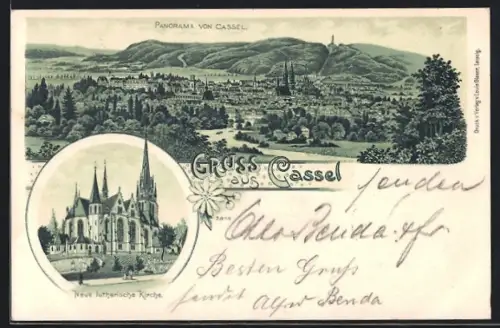 Lithographie Cassel, Panorama der Stadt, Neue lutherische Kirche