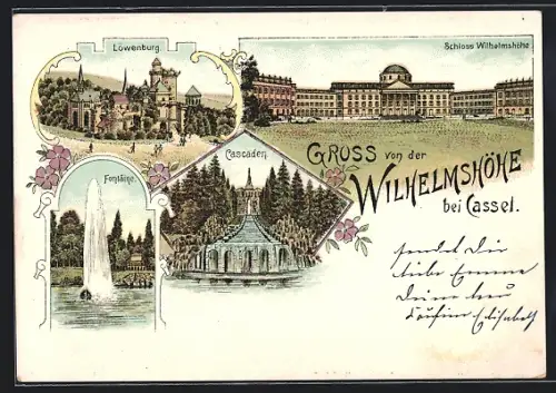 Lithographie Wilhelmshöhe bei Cassel, Schloss Wilhelmshöhe, Löwenburg, Cascaden, Fontäne