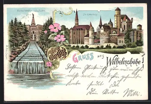 Lithographie Wilhelmshöhe, Herkulessäule m. Kaskaden, Löwenburg