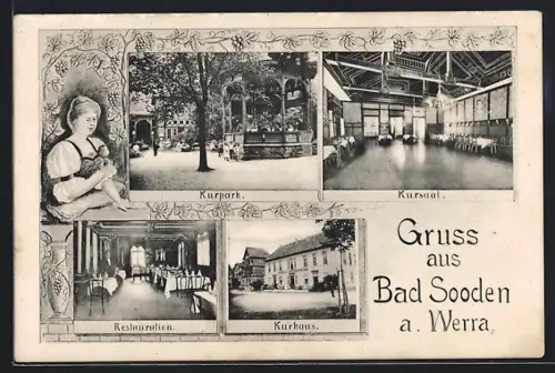 AK Bad Sooden a. Werra, Kurpark, Kursaal, Kurhaus, Restaurant, Dame im Dirndl, Weinlaub