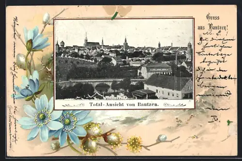 Passepartout-Lithographie Bautzen, Total-Ansicht, Blumen