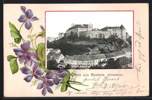 Passepartout-Lithographie Bautzen, Ortenburg, Blumen