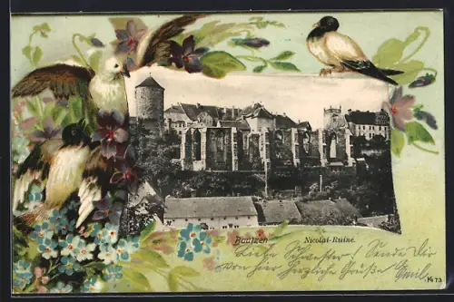 Passepartout-Lithographie Bautzen, Nicolai-Ruine, Tauben, Vergissmeinnicht