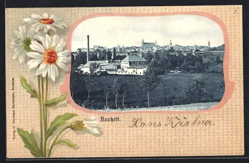 Passepartout-Lithographie Bautzen, Stadtansicht mit Fabrik und Stadtsilhouette, Margeriten