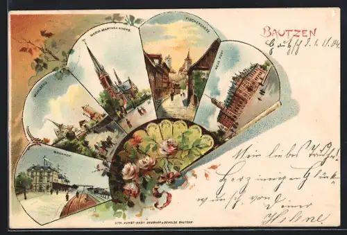 Passepartout-Lithographie Bautzen, Bahnhof, Neue Post, Ansichten im Fächer