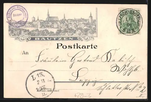 Passepartout-Lithographie Bautzen, Bahnhof, Neue Post, Ansichten im Fächer