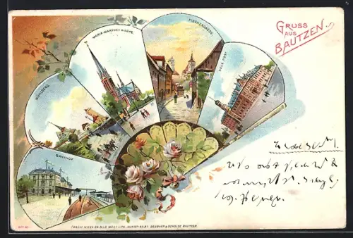 Passepartout-Lithographie Bautzen, Maria-Marthen-Kirche, Fischergasse, Bahnhof im Fächer