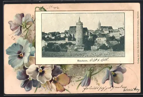 Passepartout-Lithographie Bautzen, Stadtansicht mit Turm und Kirche, Stiefmütterchen