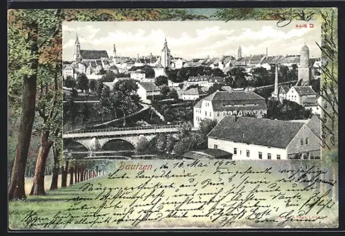 Passepartout-Lithographie Bautzen, Stadtansicht mit Brücke und Kirchtürmen, Allee