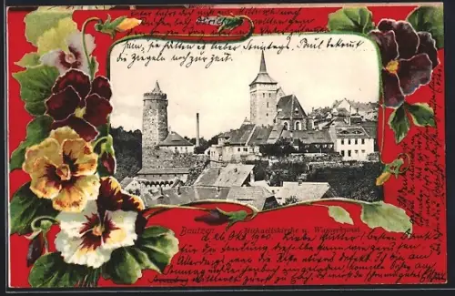 Passepartout-Lithographie Bautzen, Michaeliskirche u. Wasserkunst