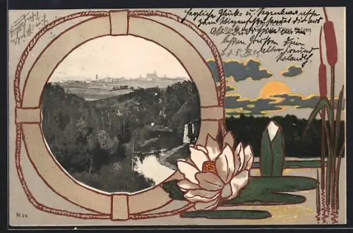 Passepartout-Lithographie Bautzen, Landschaftspanorama mit Fluss und Stadtblick, Seerosenornament, Rettungsring