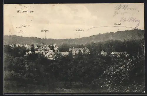 AK Autreches, Panorama mit Kirche und Schloss, Kuhstall