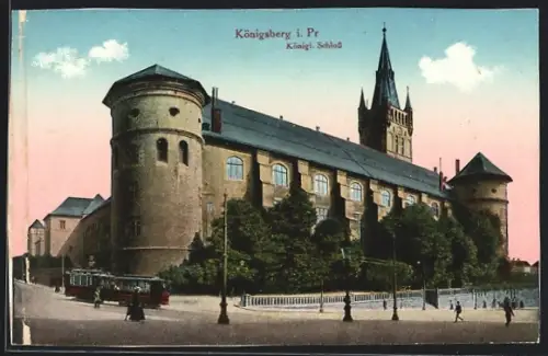 AK Königsberg, Abendstimmung am Königl. Schloss, Strassenbahn