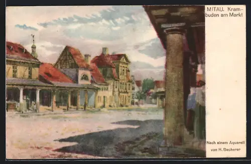 Künstler-AK Mitau, Krambuden am Markt