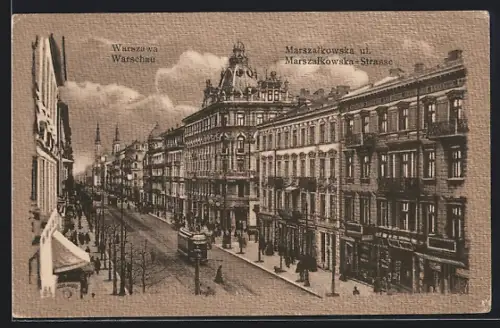 AK Warszawa, Marszalkowska ul., Strassenbahn
