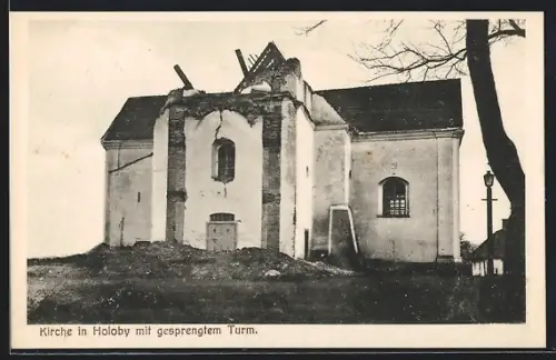 AK Holoby, Blick zur Kirche mit gesprengtem Turm