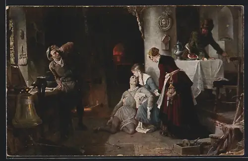 Künstler-AK Breslau, Der Glockenguss, Der Knabe liegt am Boden...