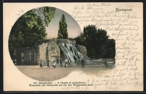 AK Budapest, Wasserfall und Heilquelle auf der Sct. Margarethen-Insel