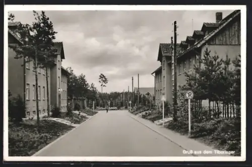 AK Tiborlager, Strassenpartie mit Radfahrer im Hintergrund