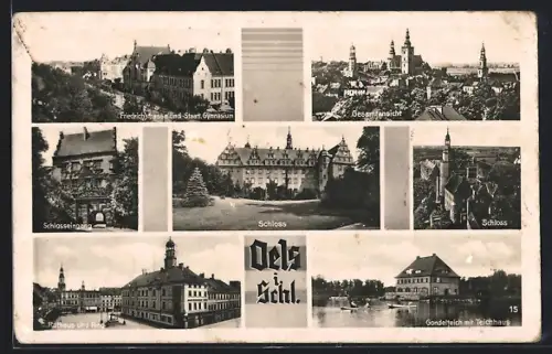 AK Oels i. Schl., Schloss, Friedrichstrasse und Staatliches Gymnasium, Rathaus und Ring