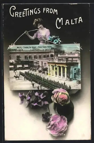 AK Malta, Trooping the Colours, Palace Square Valletta, Frau mit Blumen, Passepartout