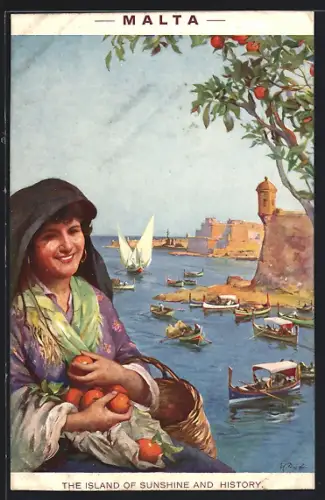 Künstler-AK Malta, Panorama und Frau mit Mandarinen