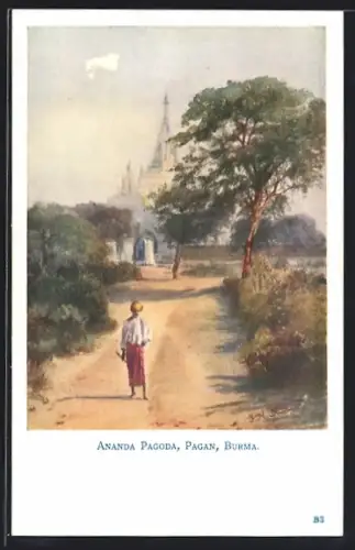Künstler-AK Pagan, Ananda Pagoda, Burmese auf einer Strasse