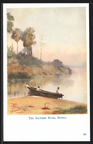 Künstler-AK Salween River, Ruderboot am Flussufer
