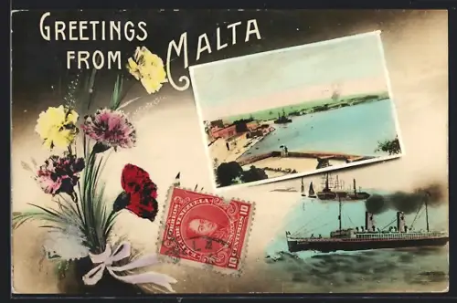 AK Malta, Hafenpartie mit Kai, Dampfschiff, Blumen