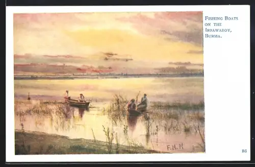 Künstler-AK Burma, Fishing boats on the Irrawaddy