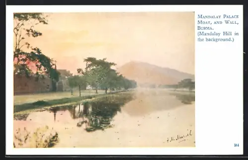 Künstler-AK Burma, Mandalay Palace Moat, and Wall, Mandalay Hill in the Background