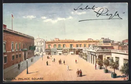 Künstler-AK Malta, Palace Square mit grossen Gebäuden und Spaziergängern auf der Strasse