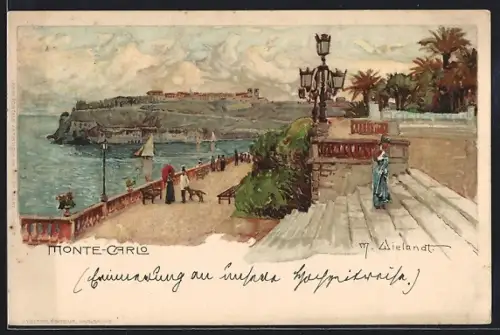Künstler-AK Manuel Wielandt: Monte-Carlo, Teilansicht mit Mittelmeerküste, Spaziegänger auf der Promenade