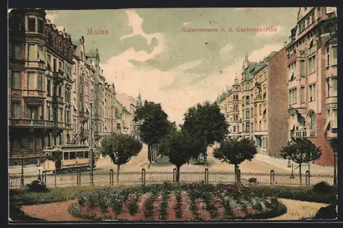 AK Mainz, Kaiserstrasse mit Strassenbahn von der Christuskirche aus gesehen