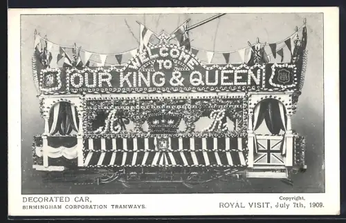 AK Birmingham, Royal Visit July 7th 1909, Decorated Tramway Car, festlich geschmückte Strassenbahn