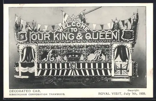 AK Birmingham, Royal Visit July 7th 1909, Decorated Tramway Car, festlich geschmückte Strassenbahn