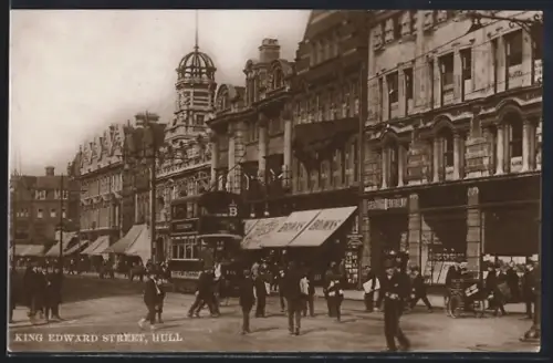 AK Hull, King Edward Steet, Strassenbahn