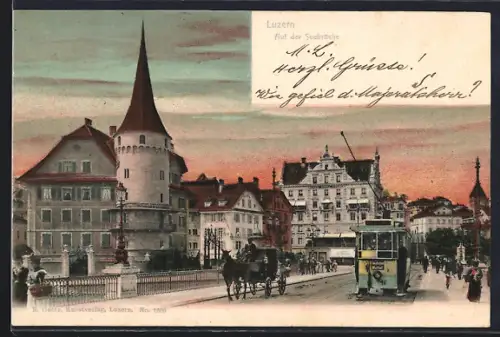 AK Luzern, Seebrücke mit Strassenbahn und Pferdekutsche