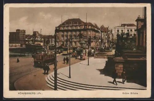 AK Königsberg i. Pr., Grüne Brücke mit Strassenbahn