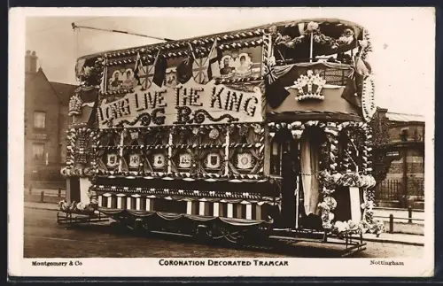 AK Nottingham, Coronation decorated Tramcar, Geschmückter Strassenbahnwagen
