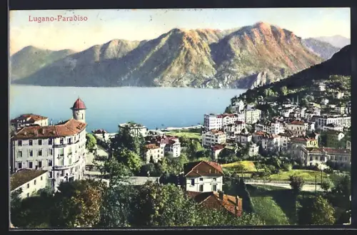 AK Lugano-Paradiso, Totalansicht mit See und Bergen aus der Vogelschau