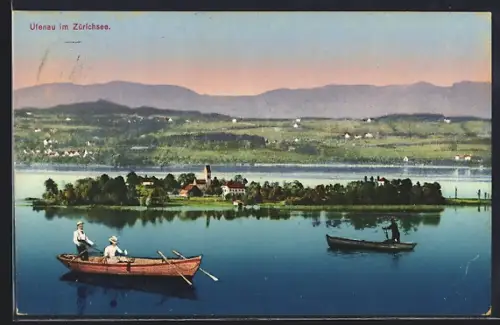 AK Ufenau im Zürichseee, Gesamtansicht mit Booten und Uferblick