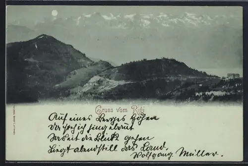 Mondschein-AK Rigi, Ortspanorama mit Gebäude