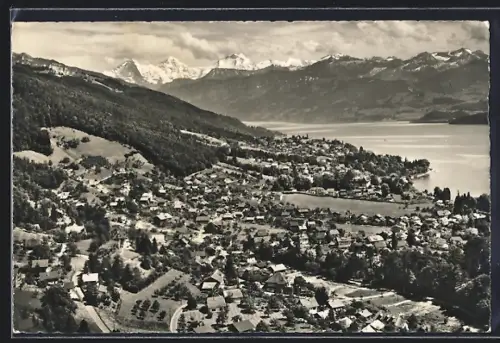 AK Hünibach, Totalansicht mit Thunersee, Eiger, Mönch u. Jungfrau