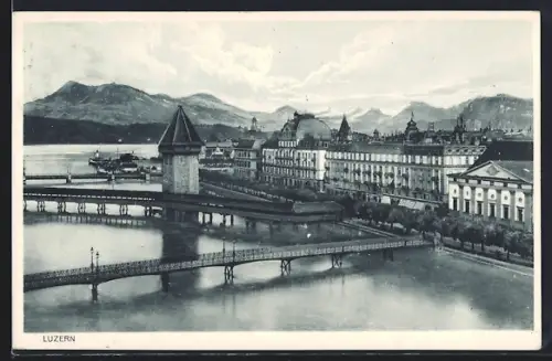 AK Luzern, Wasserstege mit Turm und Uferpanorama